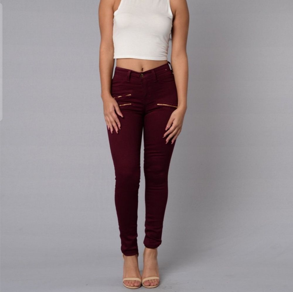 Burgundy Jeans with Zip Details